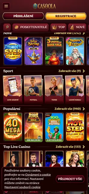 Mobilní web Casoola, kategorie her, sportu a živého casina