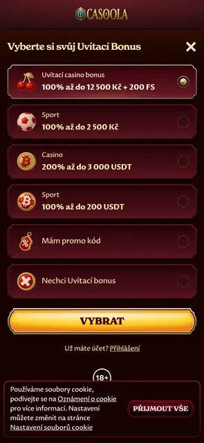 Výběr uvítacího bonusu v češtině v mobilní verzi Casoola