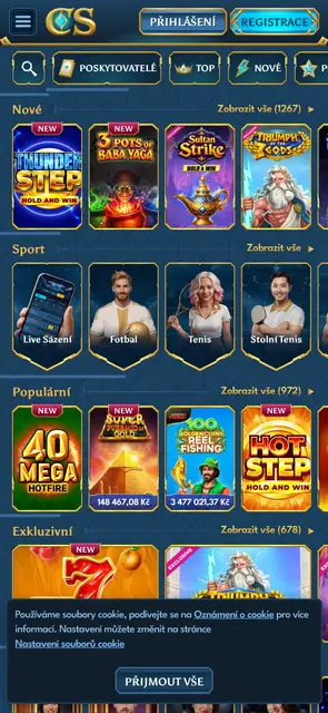 Casea — kategorie her: nové, sport, populární a exkluzivní